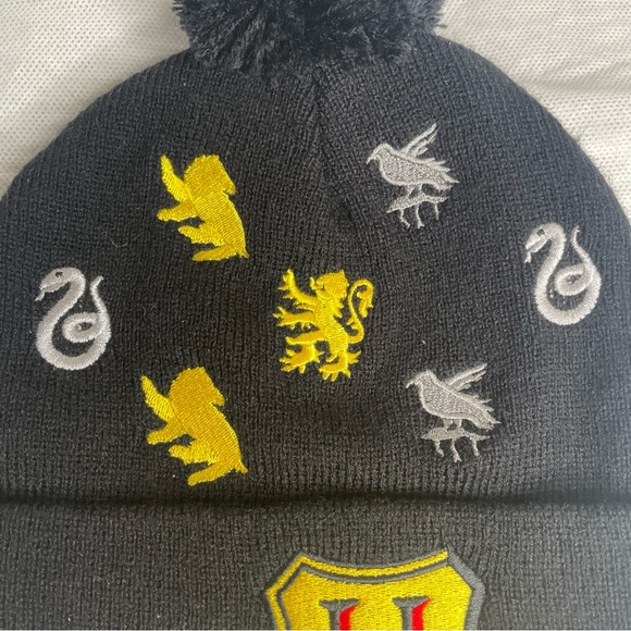 Harry Potter Hogwarts Cuff Pom Beanie Hat Black Hufflepuff Gryffindor Slytherin - Picture 2 of 10